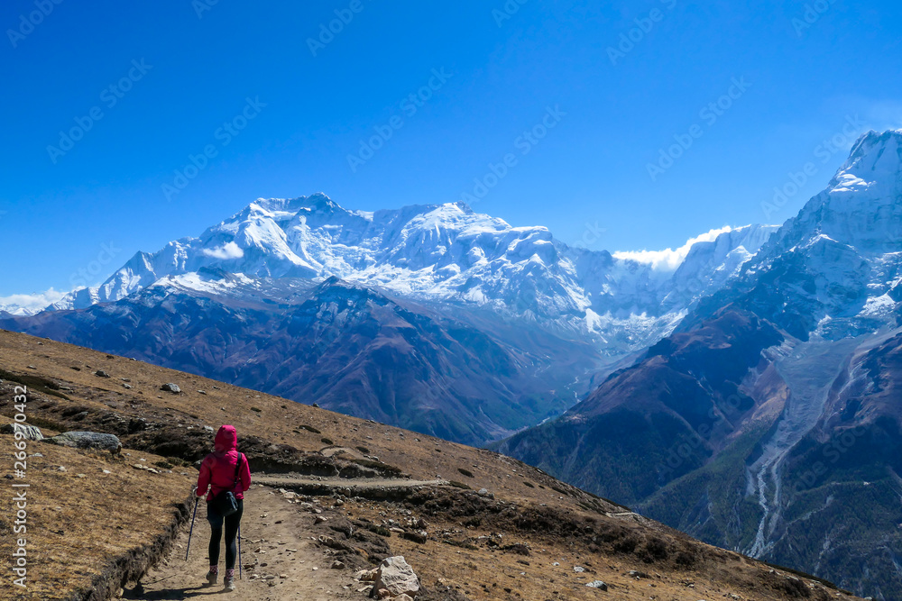 Trekking girl on the way to Ice lake, Annapurna Circuit Trek, Nepal. Girl supports herself on the trekking sticks. Dry trails with small rocks on it. In front high and snowy Himalayan mountain.