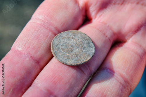 Konstfotografi Antique Soviet coin covered with a patina worth 3 kopecks on the palm