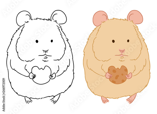 Illustration of cute little hamster with cookie on white background. Vector hand drawn picture of standing hamster for coloring page for children. Colorful animal sketch.