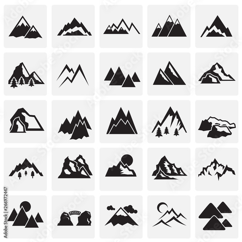 Mountains icons set on sqaures background for graphic and web design. Simple vector sign. Internet concept symbol for website button or mobile app. photo