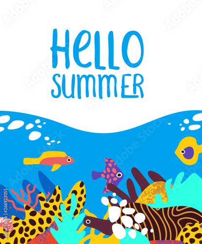Hello Summer card of tropical coral reef fish art