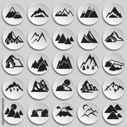 Mountains icons set on plates background for graphic and web design. Simple vector sign. Internet concept symbol for website button or mobile app.