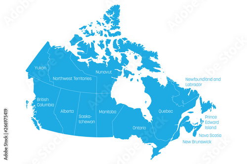 Map of Canada divided into 10 provinces and 3 territories. Administrative regions of Canada. Blue map with labels. Vector illustration