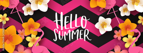 Holiday Summer web banner of 3d tropical flowers