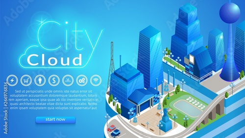 City Cloud Horizontal Banner with Copy Space. Abstract Futuristic Digital Metropolis with Infrastructure, , High-tech Network Service, IOT Digital Technology Concept 3D Isometric Vector Illustration