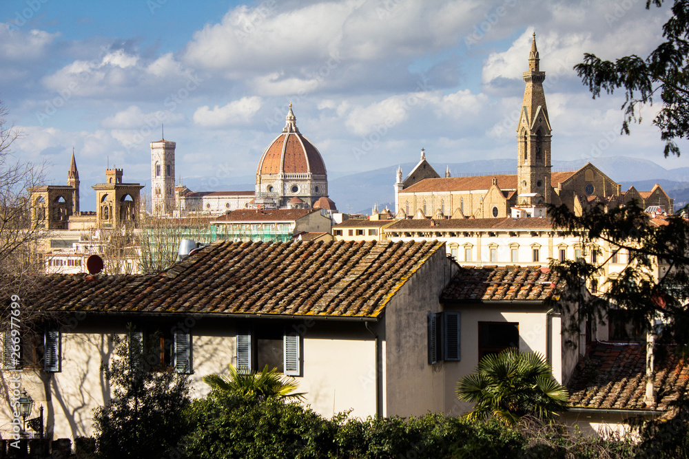 Fototapeta premium Amazing view on Florence city and its main cathedral dome (Santa Maria del Fiore dome) and Santa Croce tower. Awesome cityscape of Florence roofs, Italy. Old residential cute house on the foreground.