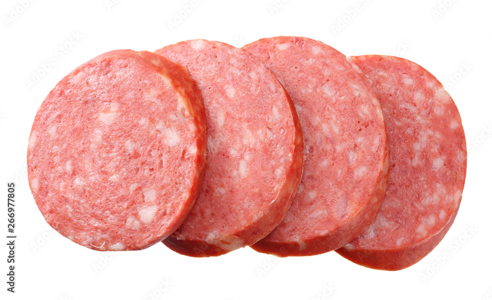 sliced sausage salami isolated on white background. top view sliced sausage salami isolated on white background. top view