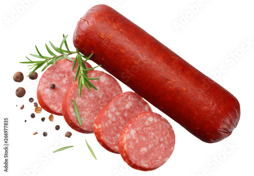 Salami smoked sausage with slices, rosemary and peppercorns isolated on white background. top view