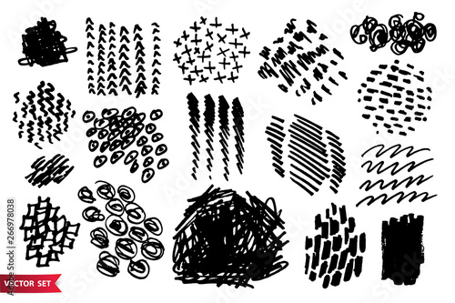 Set of hand drawn scribble spots isolated on white. Doodle style sketches. Monochrome vector design elements.