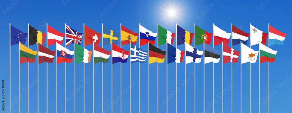 Silk waving 28 flags of countries of European Union. Blue sky background. 3D illustration. Silk waving 28 flags of countries of European Union. Blue sky background. 3D illustration.