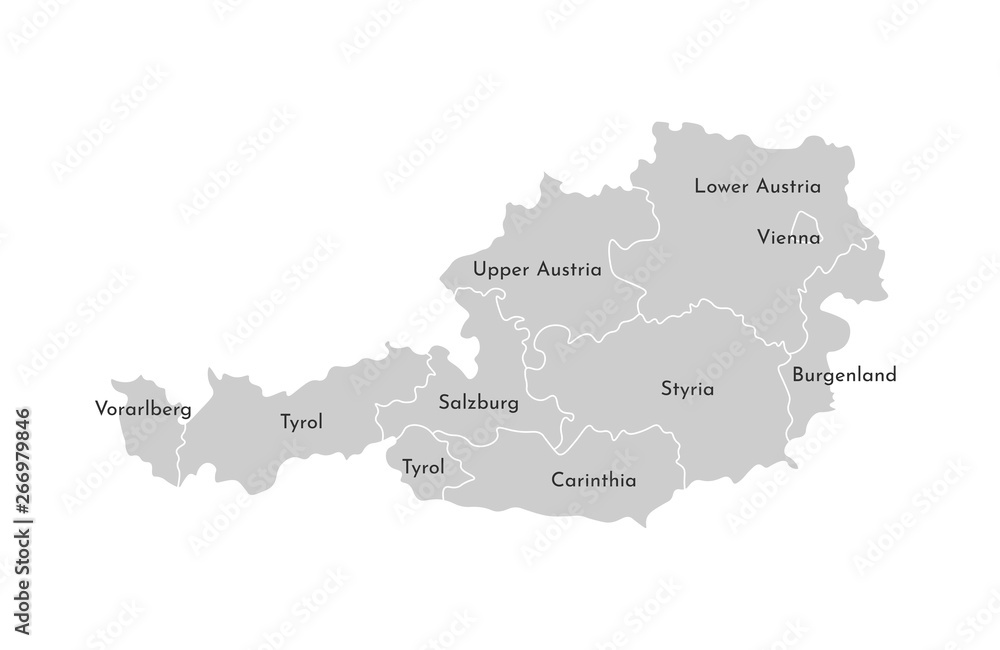 Vector isolated illustration of simplified administrative map of Austria. Borders and names of the provinces (regions). Grey silhouettes. White outline