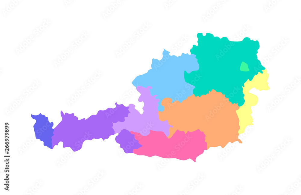 Vector isolated illustration of simplified administrative map of Austria. Borders of the regions. Multi colored silhouettes Vector isolated illustration of simplified administrative map of Austria. Borders of the regions. Multi colored silhouettes