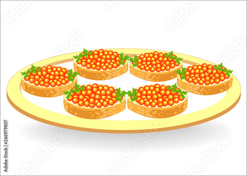 A plate with beautiful sandwiches. White bread with butter and red caviar. Tasty, healthy and nutritious food. Decoration of the festive table. Vector illustration