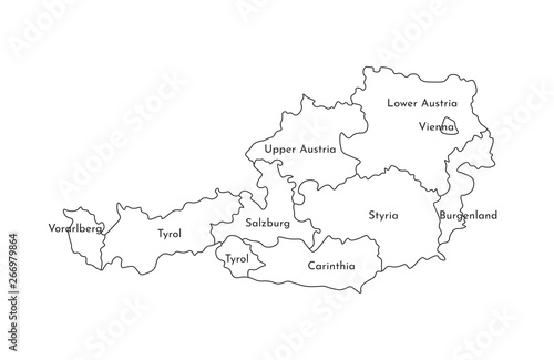 Vector isolated illustration of simplified administrative map of Austria. Borders and names of the regions. Black line silhouettes