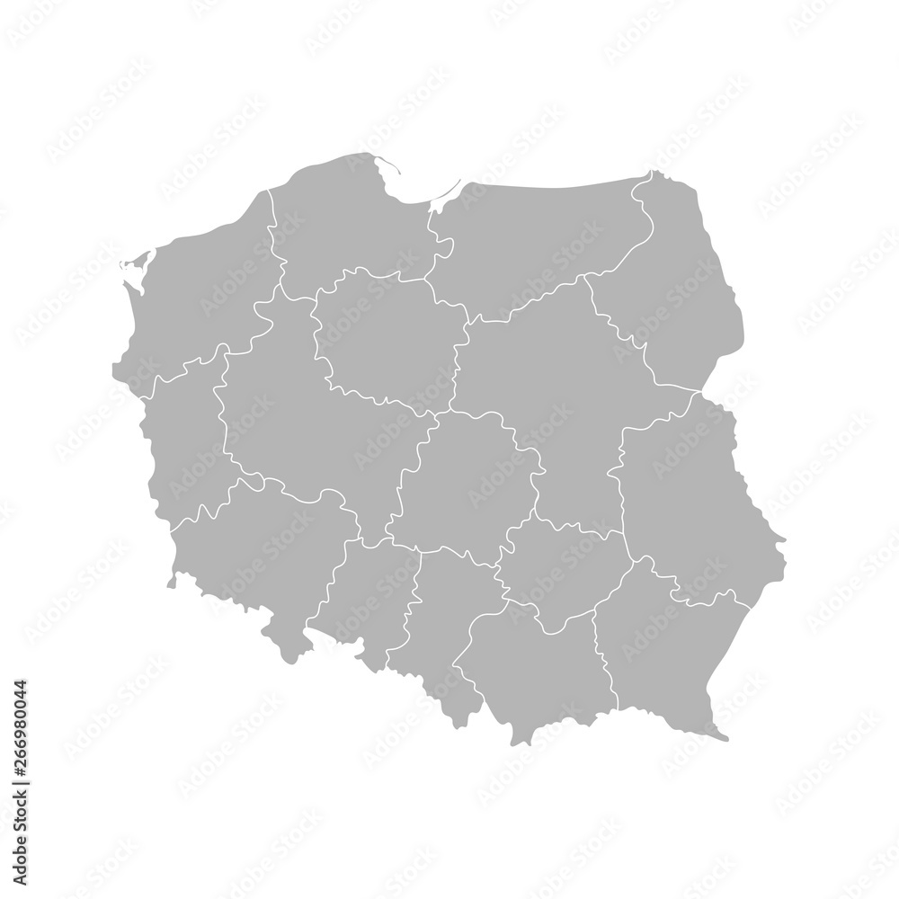 Fototapeta premium Vector isolated illustration of simplified administrative map of Poland. Borders of the provinces (regions). Grey silhouettes. White outline