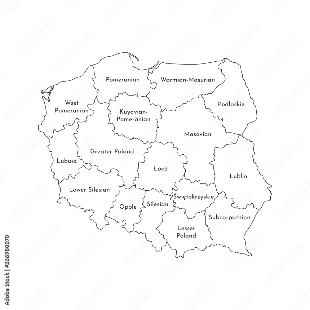 Vector isolated illustration of simplified administrative map of Poland. Borders and names of the regions. Black line silhouettes