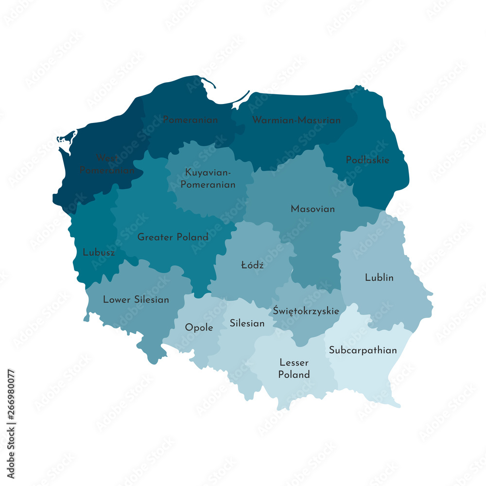 Vector isolated illustration of simplified administrative map of Poland. Borders and names of the regions. Colorful blue khaki silhouettes