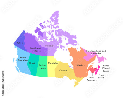 Vector isolated illustration of simplified administrative map of Canada. Borders and names of the regions. Multi colored silhouettes