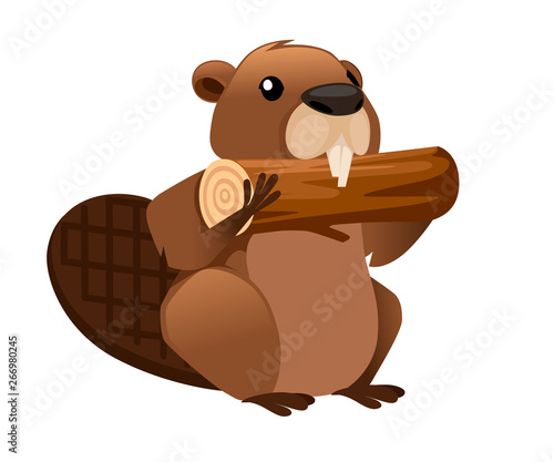 Cute brown beaver eating wooden stick. Cartoon character design. North American beaver Castor canadensis. Rodentia mammals. Happy animal. Flat vector illustration isolated on white background