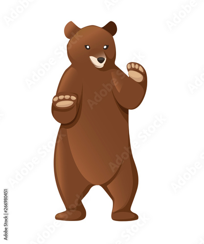 Grizzly bear. North America animal  brown bear. Cartoon animal design. Flat vector illustration isolated on white background. Bear stand on two legs  front view. Big cute dangerous animal