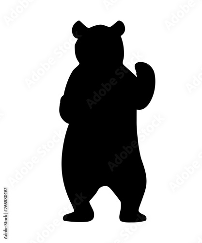 Black silhouette. Grizzly bear. North America animal, brown bear. Cartoon animal design. Flat vector illustration isolated on white background. Bear stand on two legs, front view