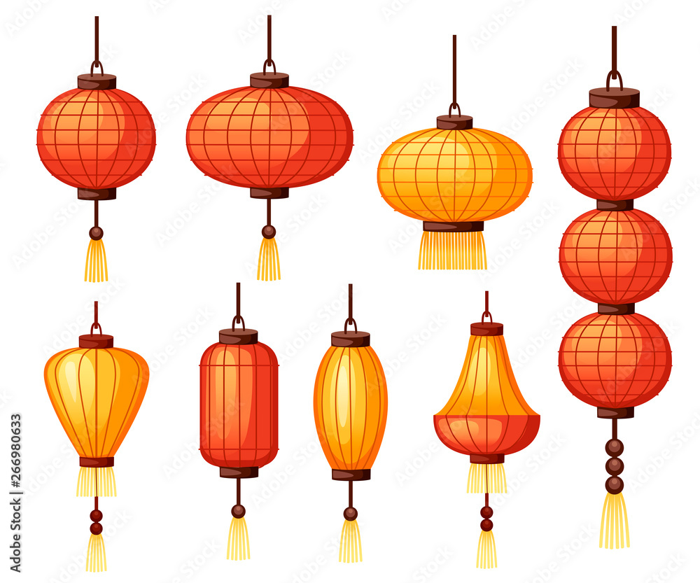 Set of Chinese lanterns in different shape - circular, cylindrical 
