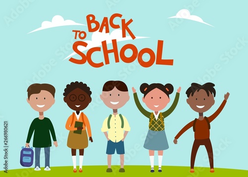 students of different sexes and races stand together, back to school