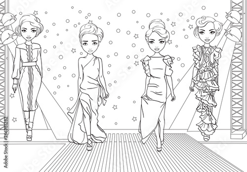 Coloring Girls In Glamor Dress On Fashion Show