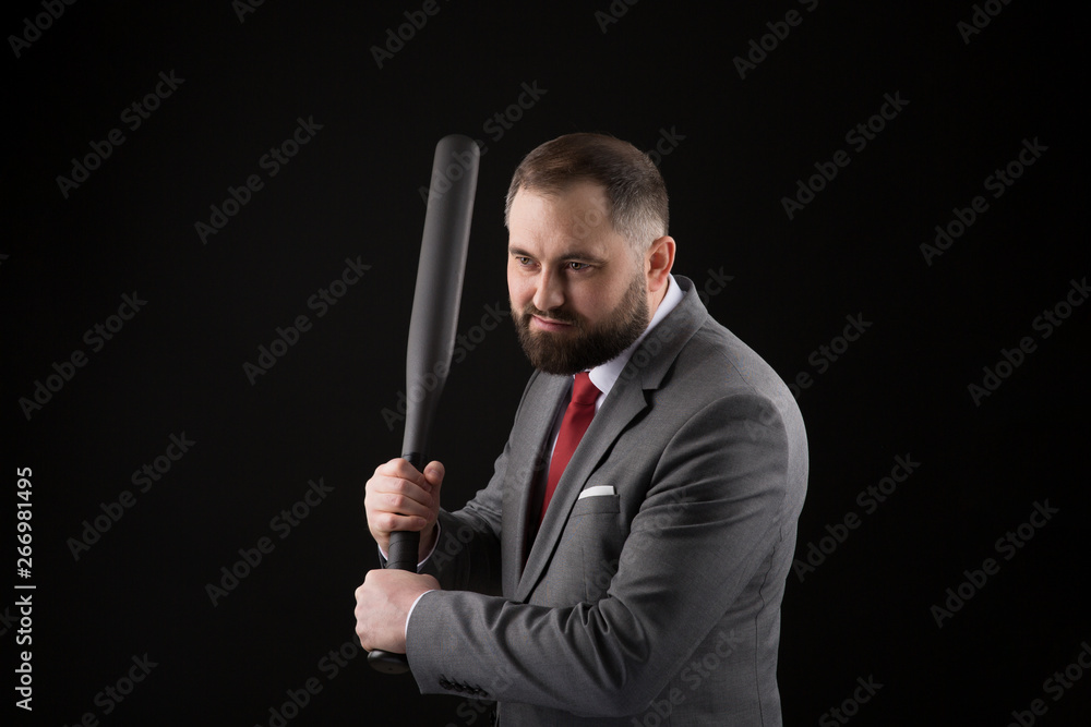 bearded Man in suit and red tie with baseball bat bearded Man in suit and red tie with baseball bat