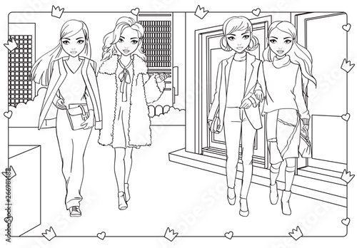 Coloring Book Of Girls Walk Around In City
