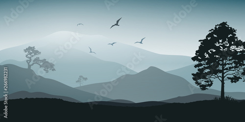Mystical landscape. Mountains and trees. Tourism and travelling. Vector flat design