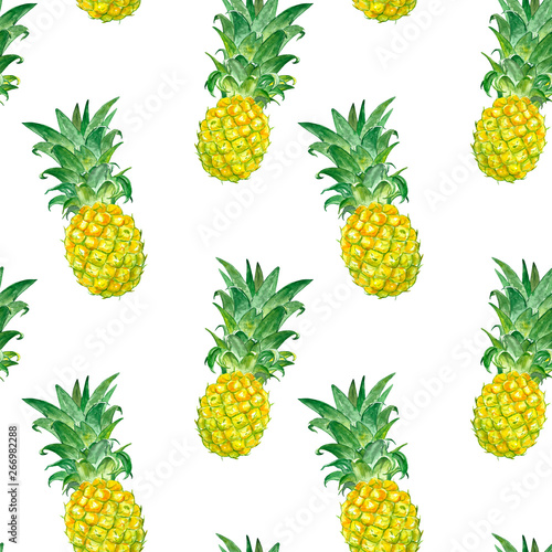 Summer seamless pattern with tropical pineapple fruits. Watercolor tropical hawaiian print.