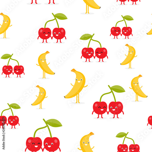 Seamless pattern with funny happy banana and cherry.