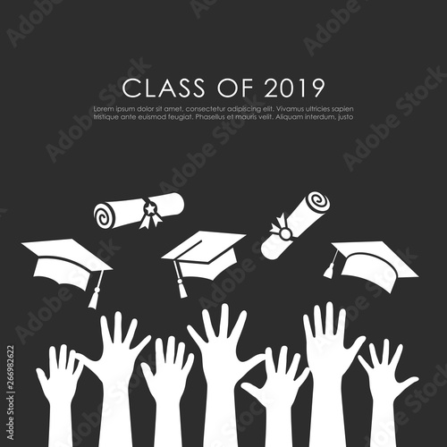 Students raised hands and graduation vector card