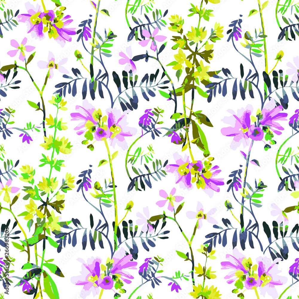 Vector floral seamless pattern. Watercolor wildflowers, branches and foliage. Bright botanical drawing. Background with flowers for wallpaper, textiles, fabric, clothes, souvenirs, wrapper, surface. 