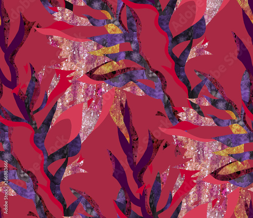 Seamless floral pattern in collage technique. Gladiolus made of paper cut out with watercolor texture. Flowers and leaves backdrop for wallpaper, textile, fabric, clothes, jacket, wrapper or surface