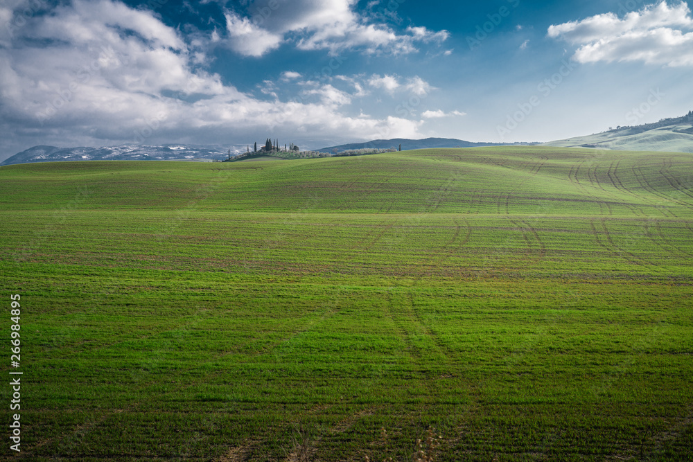 Panoramic view of beautiful endless green fields in bright sunlight, Italy Panoramic view of beautiful endless green fields in bright sunlight, Italy