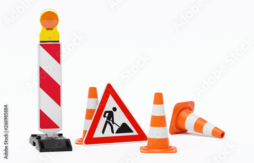 Baustelle Absperrung - Warnbake einzeln mit Leuchte, Fußplatte, Verkehrshütchen und Schild Baustelle angelehnt - freigestellt