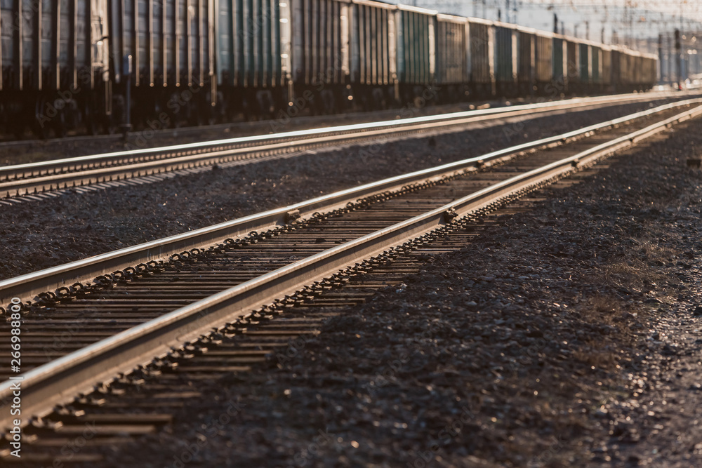 The train is on the railway track. Many cars with cargo in the rays of sunset lighting.