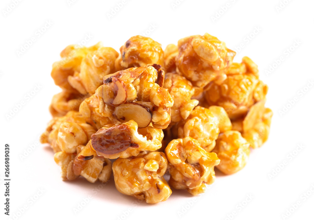 Salted Caramel Almond Flavored Popcorn Isolated on a White Background Salted Caramel Almond Flavored Popcorn Isolated on a White Background
