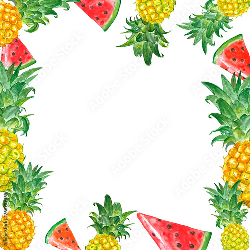 Square banner with exotic tropical fruits on white background. Watercolor pineaaple and watermelon frame. Summer illustration. photo