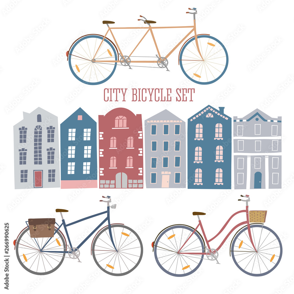 City style colorful cycles and houses set