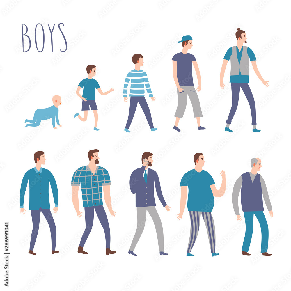 Set of cartoon males in various lifestyles and ages