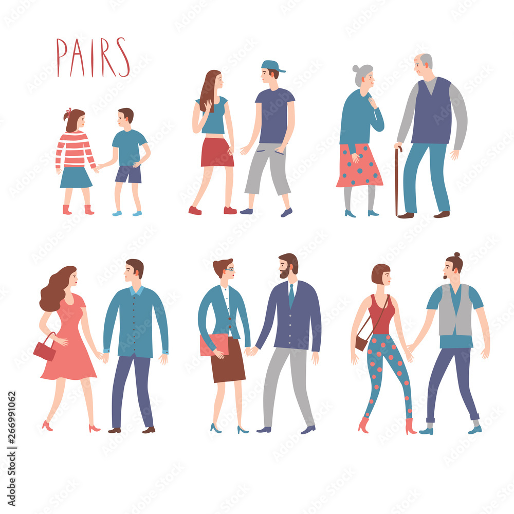 Set of cartoon pairs in various lifestyles and ages