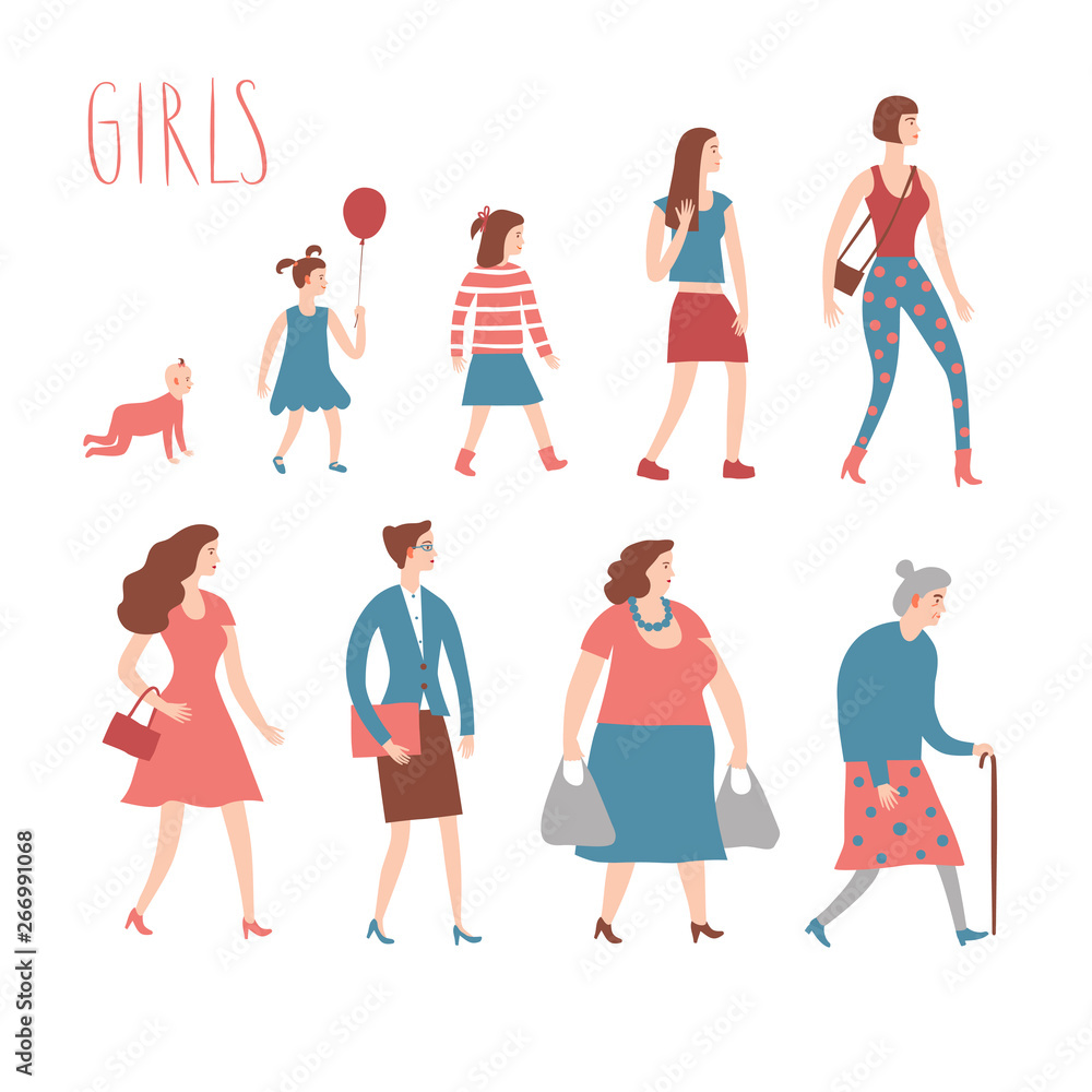 Set of cartoon females in various lifestyles and ages