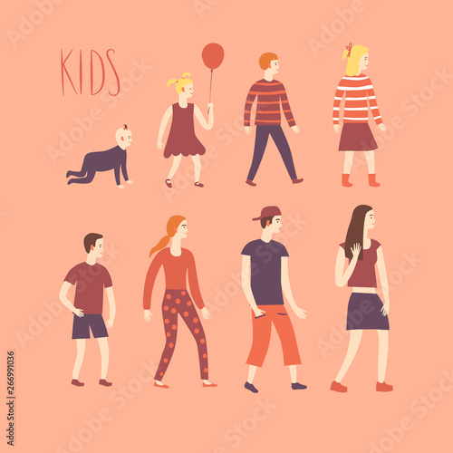 Set of cartoon kids in various ages