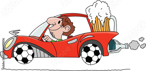 Cartoon man driving a car with wheels made of soccer balls and carrying a big glass of beer behind vector illustration