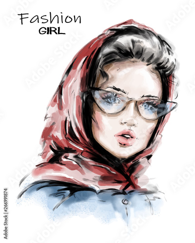 Hand drawn beautiful young woman in red scarf on her head. Stylish elegant girl. Fashion woman look. Sketch. Vector illustration.