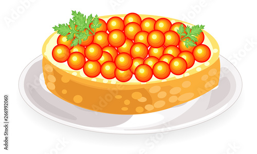 Beautiful sandwich. White bread with butter and red caviar. Delicious and healthy product. Decoration of the festive table. Vector illustration