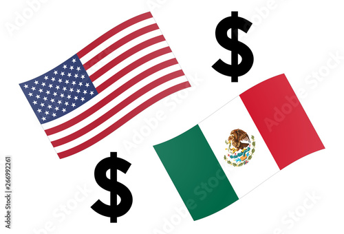USDMXN forex currency pair vector illustration. American and Mexican flag, with Dollar symbol.
